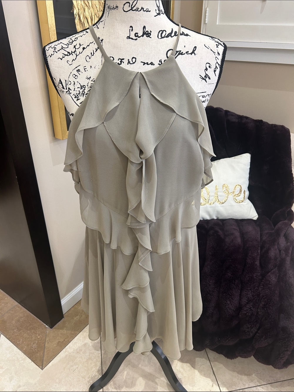 bebe Sage Ruffle Halter Mini Dress